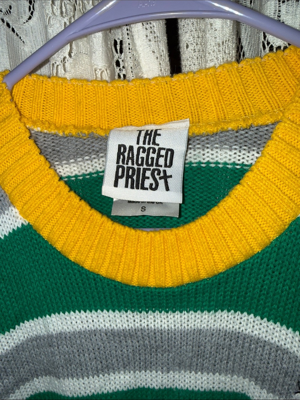 The Ragged Priest Green Gray White Striped Cropped Sweater with Contrast Sleeves - Picture 2 of 7